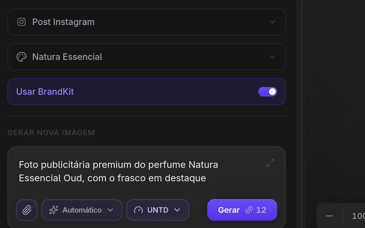 Composer da UNTD com o prompt da campanha Natura Essencial Oud, template Post Instagram, BrandKit ativado e botão Gerar